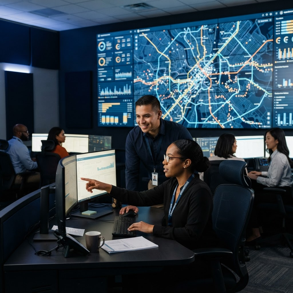 Transit operations staff monitor route maps and vehicle locations on large wall screens