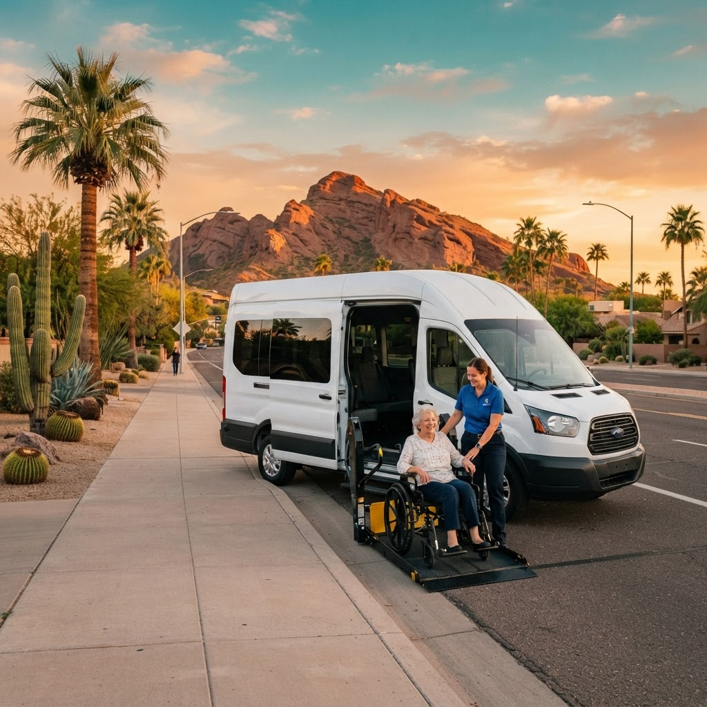 Wheelchair-accessible paratransit shuttle on a Phoenix street with desert mountains and saguaro cacti in the background