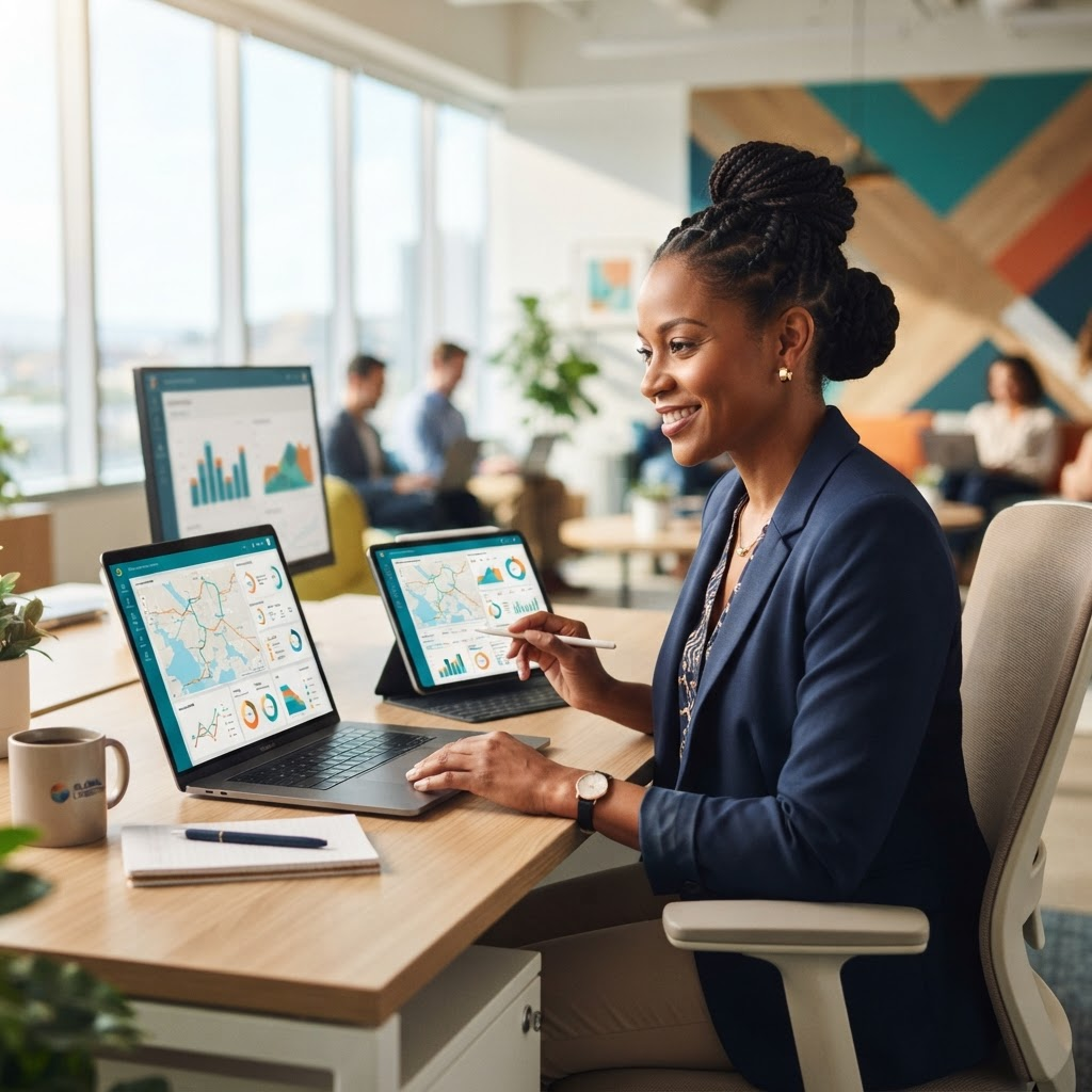 A provider manager reviews performance dashboards on a laptop and tablet