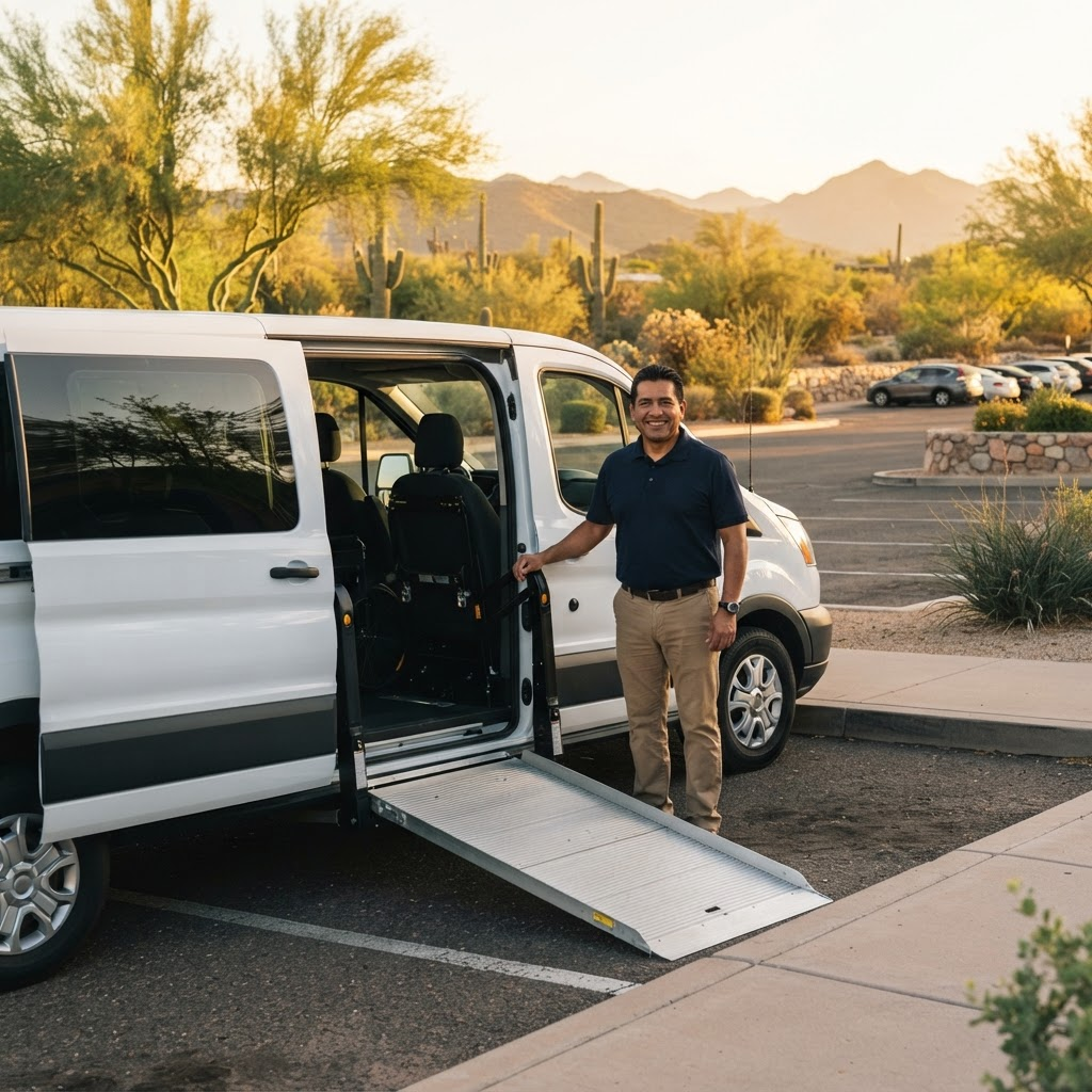 A driver stands beside a wheelchair-accessible shuttle van with its ramp deployed in a sunny Arizona lot
